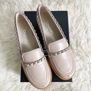 Chanel Calfskin Chain CC Logo Loafers Beige size 40